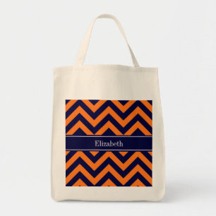 Pumpkin Navy LG Chevron Navy Blue Name Monogram Tote Bag