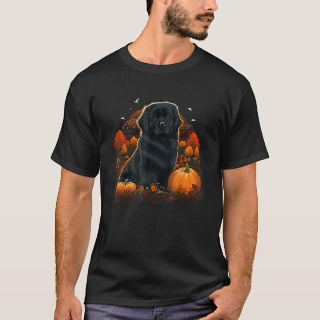 Pumpkin Newfie Dog costume on Newfoundland Dog Hal T-Shirt (Front)