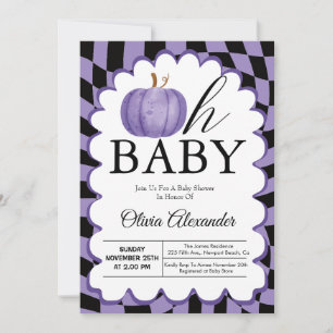 Pumpkin Oh Baby Purple Chequered Baby Shower  Invitation