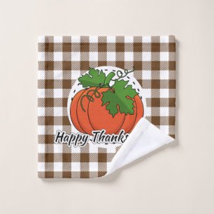 Pumpkin on Brown Plaid - Happy Thanksgiving Bath Towel Set