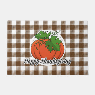 Pumpkin on Brown Plaid - Happy Thanksgiving Doormat