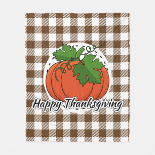 Pumpkin on Brown Plaid - Happy Thanksgiving Fleece Blanket