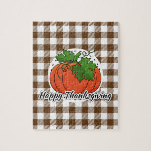 Pumpkin on Brown Plaid - Happy Thanksgiving Jigsaw Puzzle