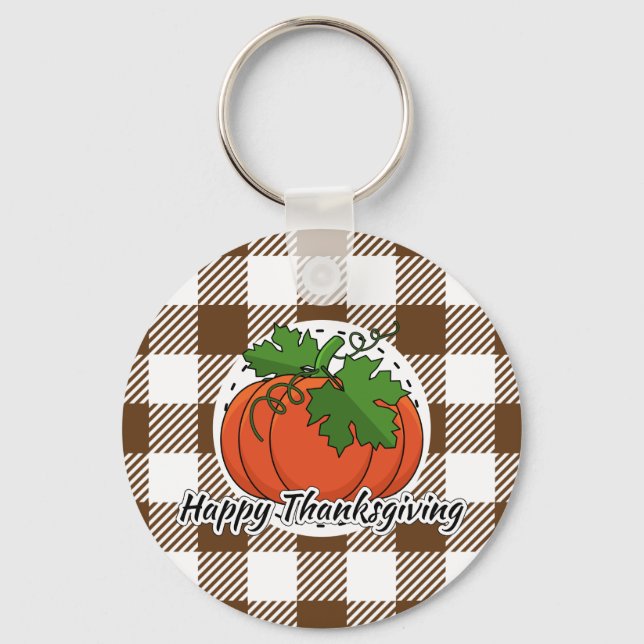 Pumpkin on Brown Plaid - Happy Thanksgiving Key Ring (Front)