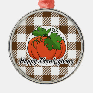 Pumpkin on Brown Plaid - Happy Thanksgiving Metal Tree Decoration