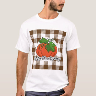 Pumpkin on Brown Plaid - Happy Thanksgiving T-Shirt
