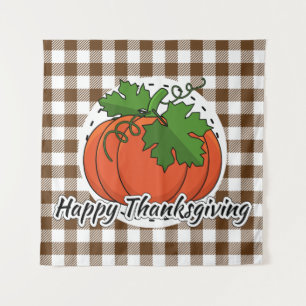 Pumpkin on Brown Plaid - Happy Thanksgiving Tapestry