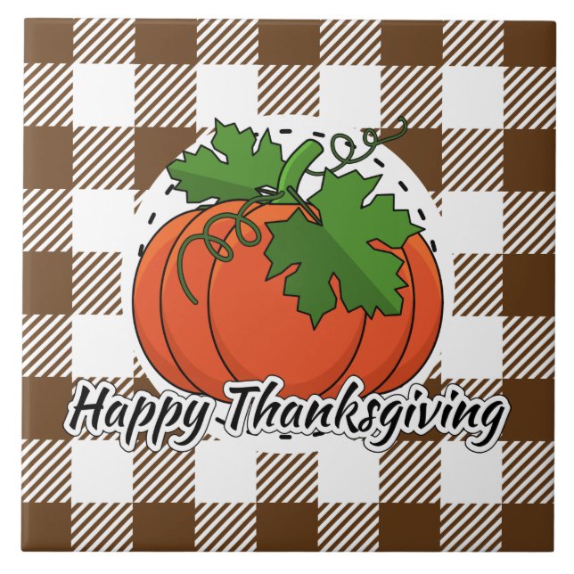 Pumpkin on Brown Plaid - Happy Thanksgiving Tile (Front)