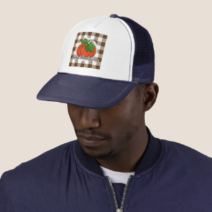 Pumpkin on Brown Plaid - Happy Thanksgiving Trucker Hat
