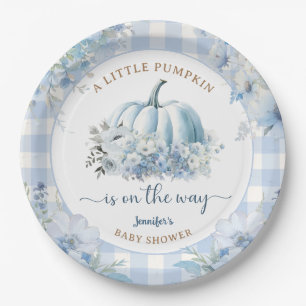 Pumpkin On The Way Baby Shower Boy Blue Fall Round Paper Plate
