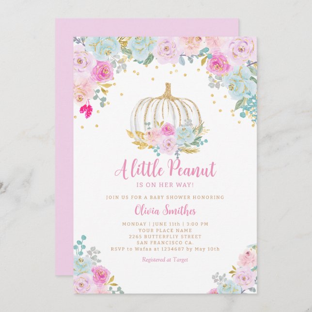 Pumpkin on the way Floral Pumpkin Girl Baby Shower Invitation (Front/Back)