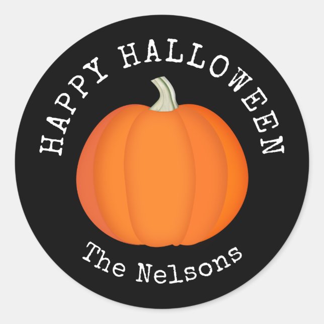 Pumpkin Orange and Black Happy Halloween Classic Round Sticker (Front)