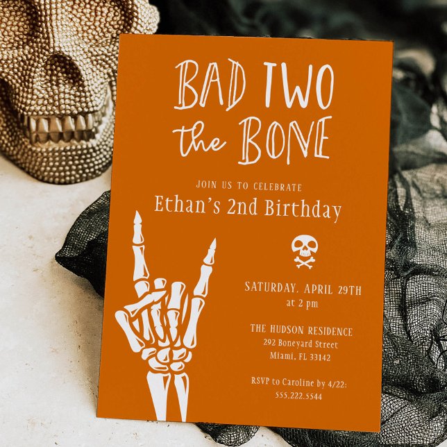 Pumpkin Orange Bad Two The Bone 2nd Birthday Party Invitation (Creator Uploaded)