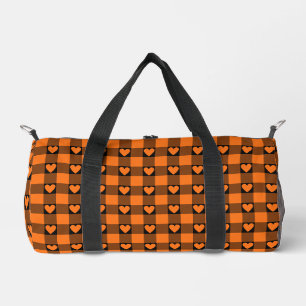Pumpkin Orange Black Buffalo Heart Plaid Duffle Bag