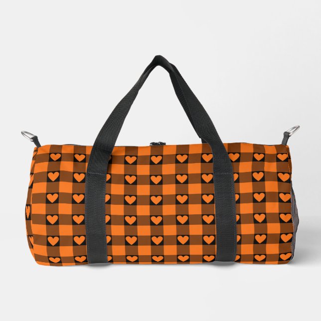 Pumpkin Orange Black Buffalo Heart Plaid Duffle Bag (Front)