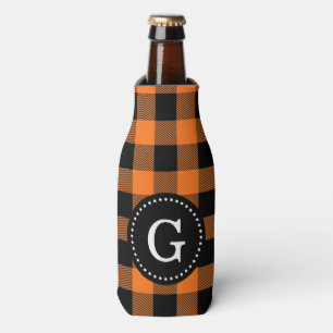 Pumpkin Orange Blk Buffalo Check Plaid 1I Monogram Bottle Cooler