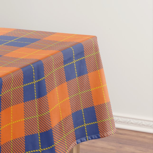 Pumpkin Orange Blue Scottish Tartan Plaid Fall Tablecloth (In Situ)