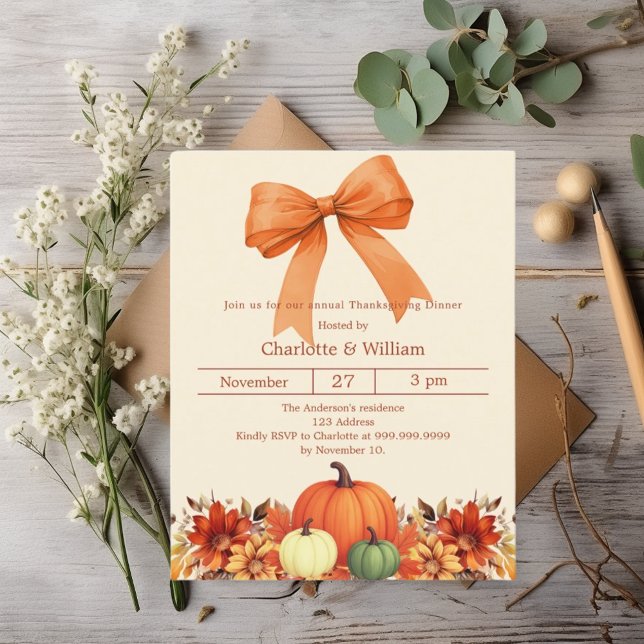 Pumpkin orange bow Thanksgiving Dinner invitation (Creator Uploaded)