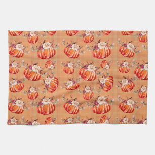 Pumpkin orange fall floral buffalo check autumn tea towel