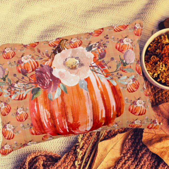 Pumpkin orange fall floral plaid check autumn decorative cushion (Creator Uploaded)