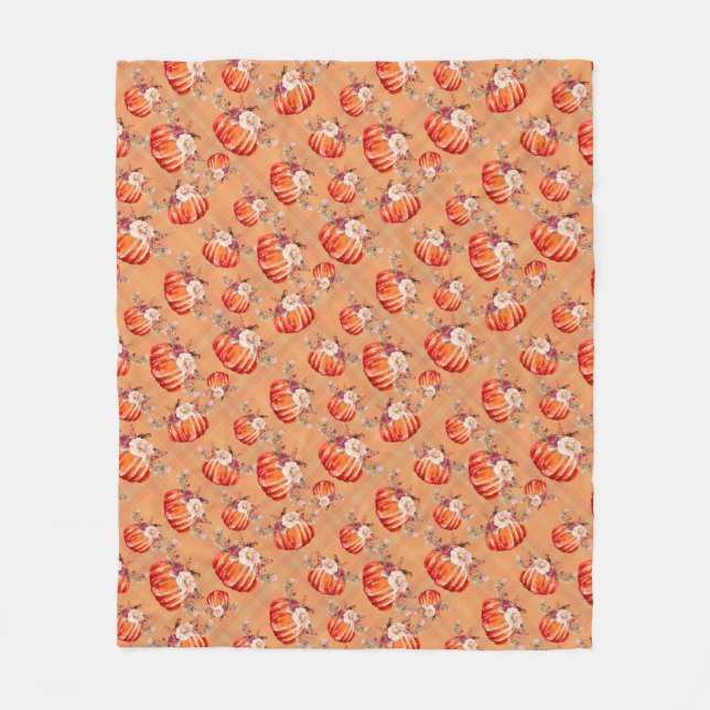 Pumpkin orange fall floral plaid check autumn fleece blanket (Front)