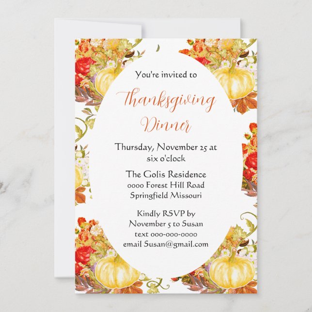 Pumpkin Orange Flowers Thanksgiving Dinner  Invitation (Front)