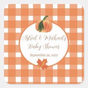 Pumpkin Orange Gingham Fall Baby Shower Square Sticker