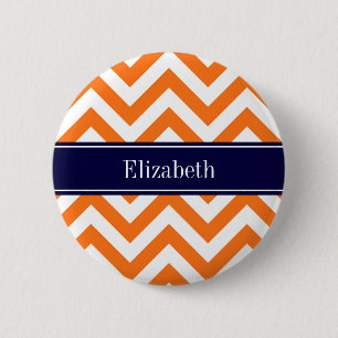 Pumpkin Orange Lg Chevron Navy Name Monogram 6 Cm Round Badge