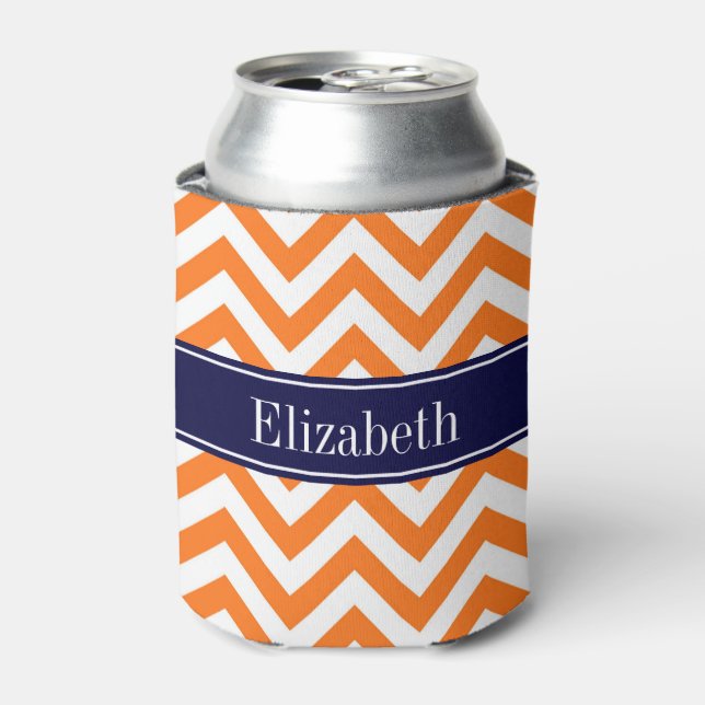 Pumpkin Orange Lg Chevron Navy Name Monogram Can Cooler (Can Front)