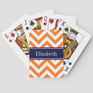 Pumpkin Orange Lg Chevron Navy Name Monogram Playing Cards