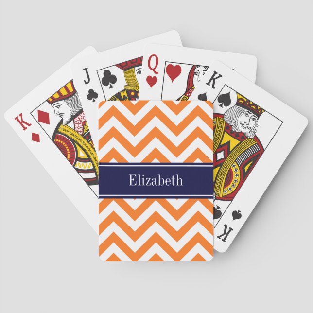 Pumpkin Orange Lg Chevron Navy Name Monogram Playing Cards (Back)