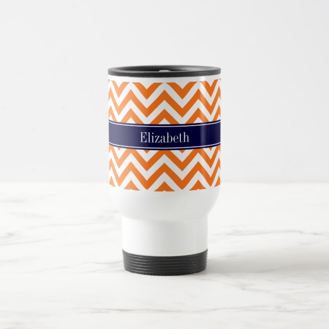 Pumpkin Orange Lg Chevron Navy Name Monogram Travel Mug (Center)