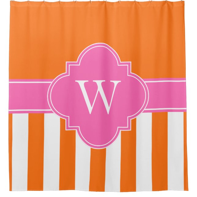 Pumpkin Orange LG Stripe 1ICBR Hot Pink Monogram Shower Curtain (Front)