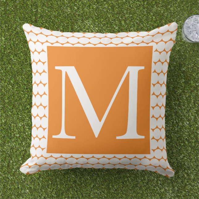 Pumpkin Orange Monograms White Polka Dots Autumn Cushion (Grass)