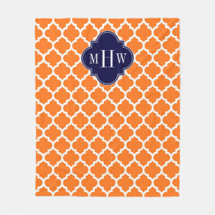 Pumpkin Orange Moroccan #5 Navy 3 Initial Monogram Fleece Blanket