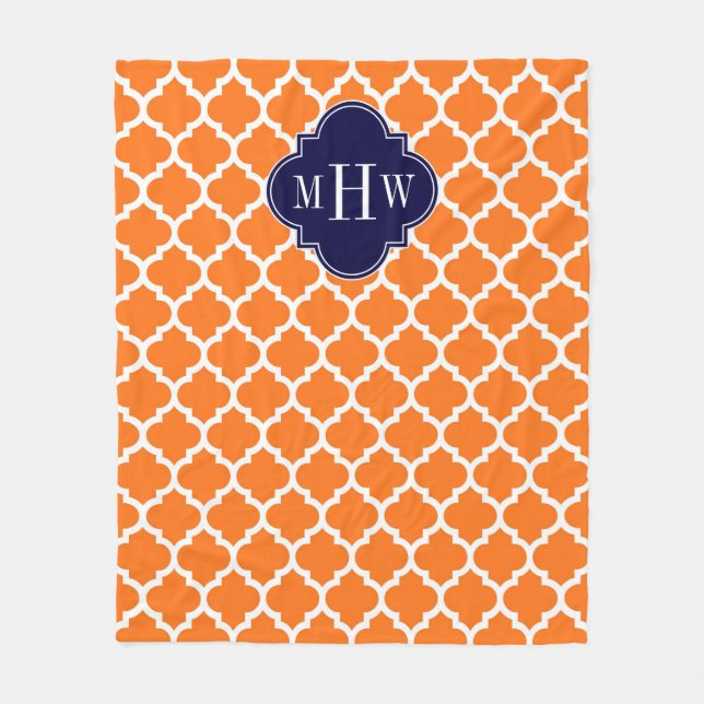 Pumpkin Orange Moroccan #5 Navy 3 Initial Monogram Fleece Blanket (Front)