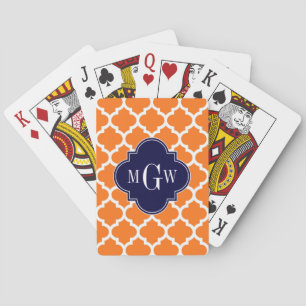 Pumpkin Orange Moroccan #5 Navy 3 Initial Monogram Playing Cards