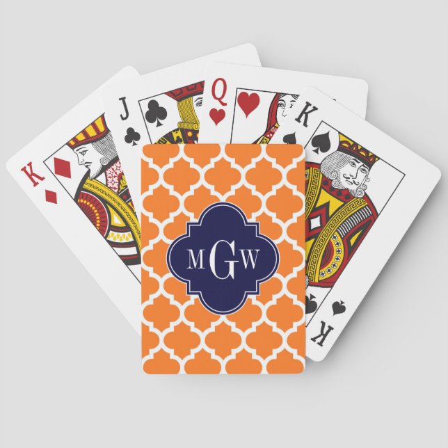 Pumpkin Orange Moroccan #5 Navy 3 Initial Monogram Playing Cards (Back)