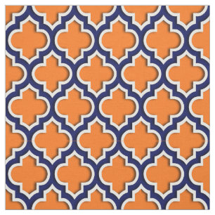 Pumpkin Orange, Navy Blue Moroccan Quatrefoil #5DS Fabric