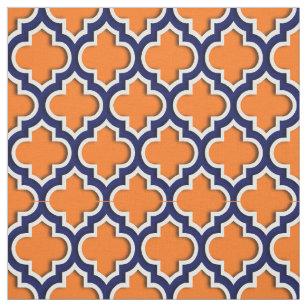 Pumpkin Orange, Navy Blue Moroccan Quatrefoil #5DS Fabric
