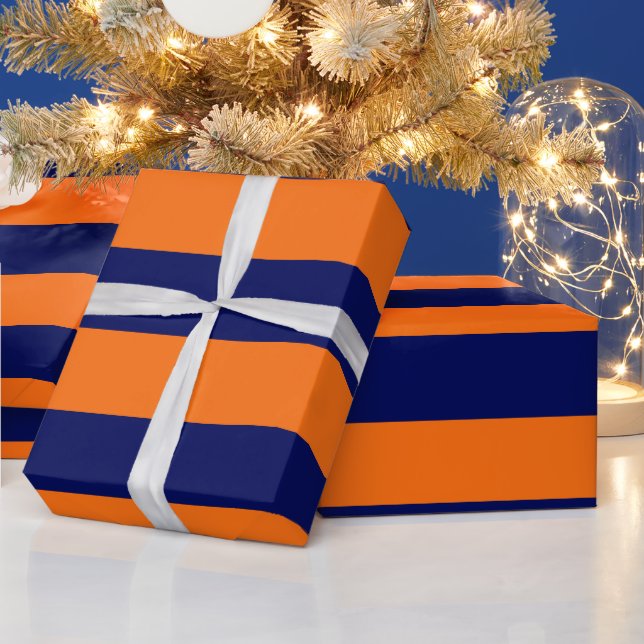 Pumpkin Orange, Navy Blue XL Stripes Pattern V Wrapping Paper (Holidays)
