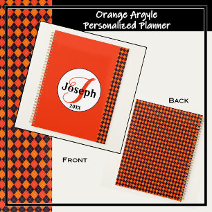 Pumpkin Orange Tangerine Black Argyle Monogrammed  Planner