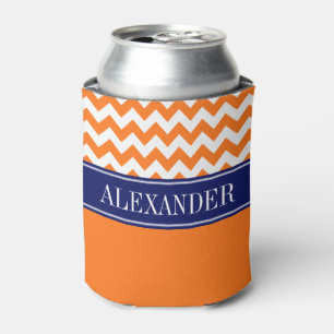 Pumpkin Orange White Chevron CB Navy Name Monogram Can Cooler