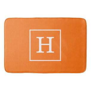 Pumpkin Orange White Framed Initial Monogram Bath Mat