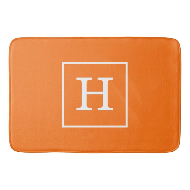 Pumpkin Orange White Framed Initial Monogram Bath Mat (Front)