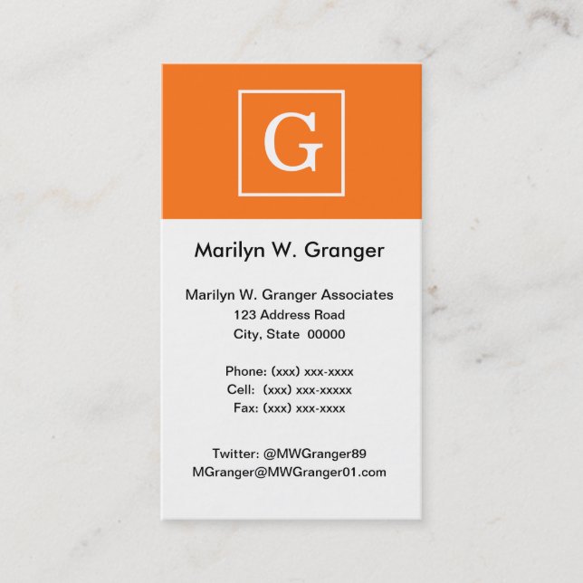 Pumpkin Orange White Framed Initial Monogram Business Card (Front)