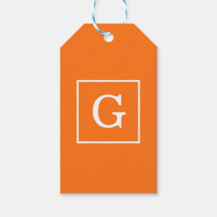 Pumpkin Orange White Framed Initial Monogram Gift Tags