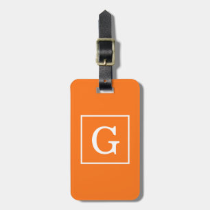 Pumpkin Orange White Framed Initial Monogram Luggage Tag