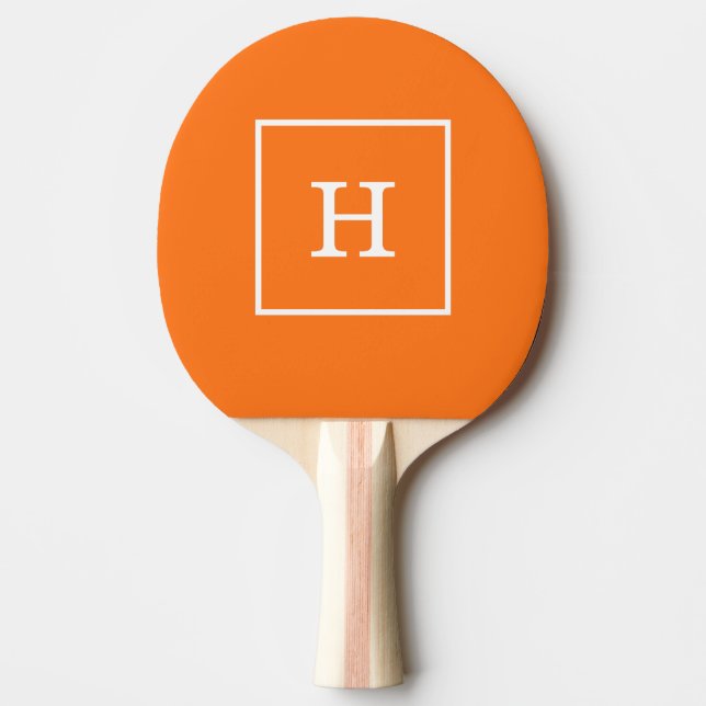 Pumpkin Orange White Framed Initial Monogram Ping Pong Paddle (Front)