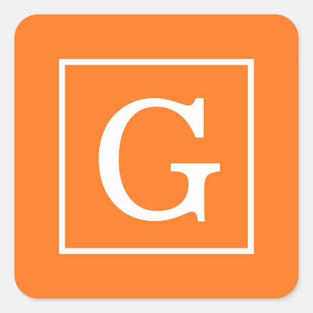 Pumpkin Orange White Framed Initial Monogram Square Sticker (Front)